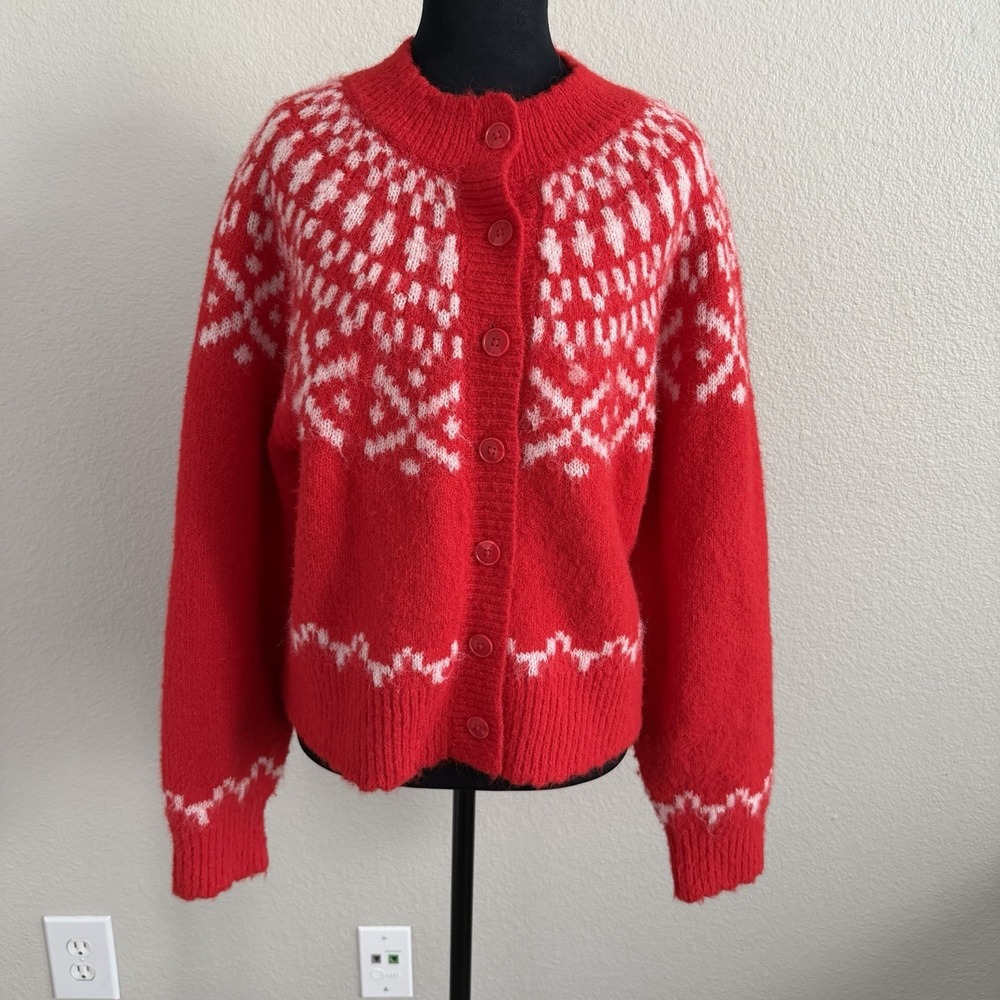 Medium Womens Fair Isle Red Cardigan Scallop Puff Sleeve Nordic Universal Thread